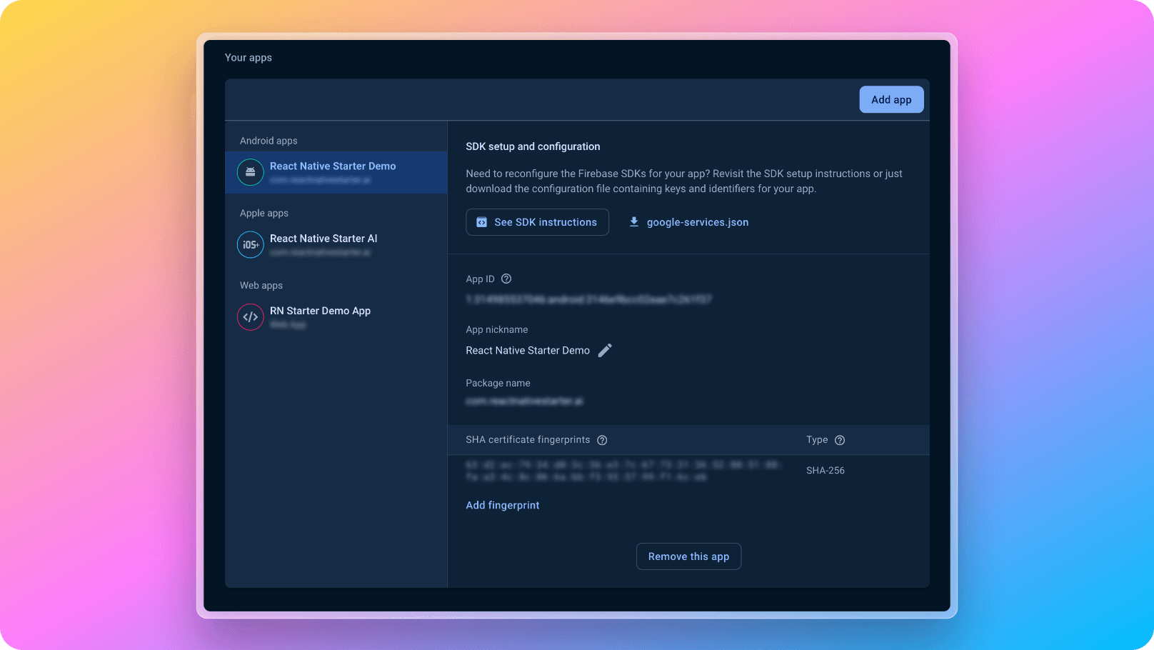 Firebase console place to enter SHA256 or SHA1 fingerprint to the android app page