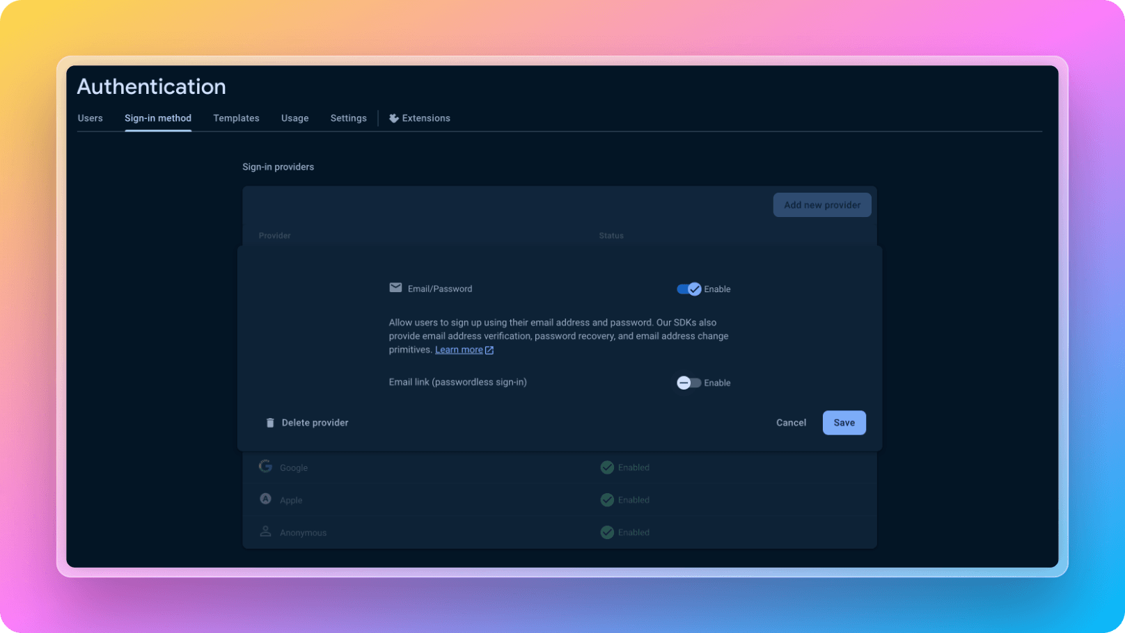 Firebase Email/Password Authentication Enabling