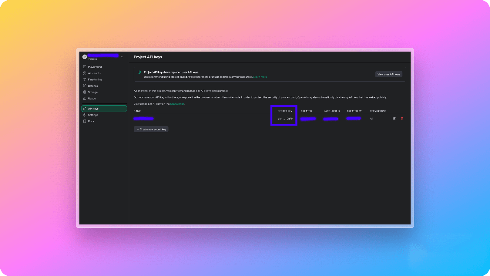 OpenAI Dasboard API Tokens page