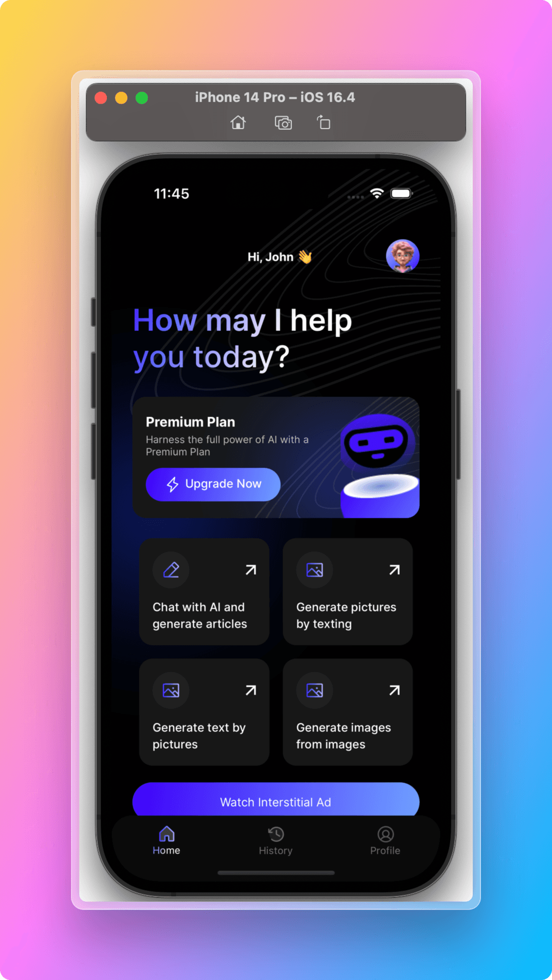 React Native Starter AI demo app running on iOS simulator