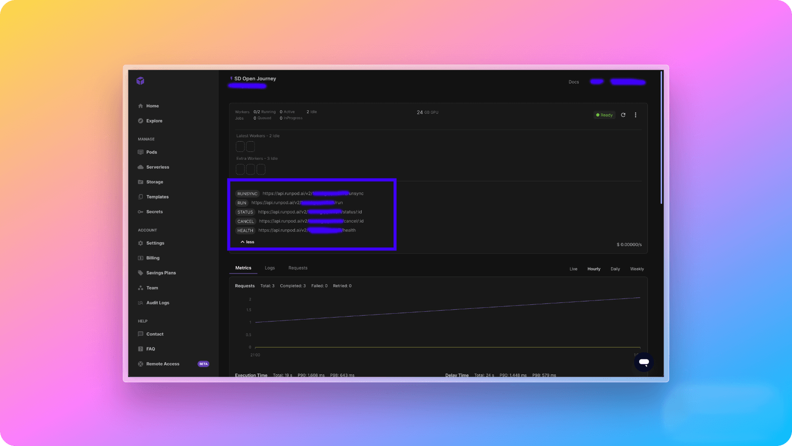 RunPod Dasboard - Deployed API Page