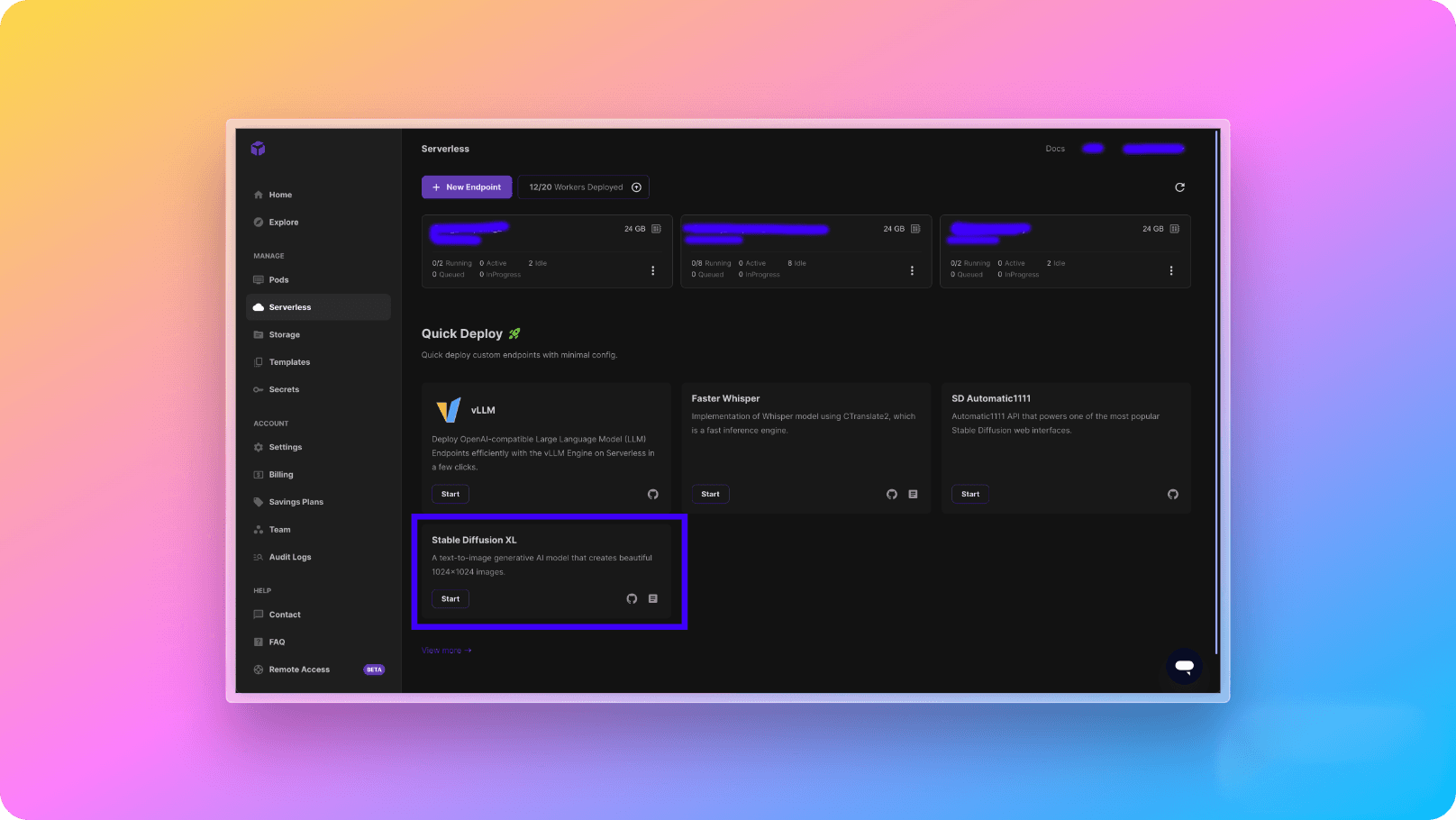 RunPod Dasboard - Serverless Page
